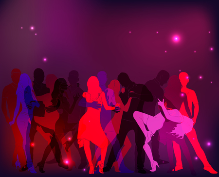 Latino Dance Party. Silhouettes of couples in pink tones.のイラスト素材
