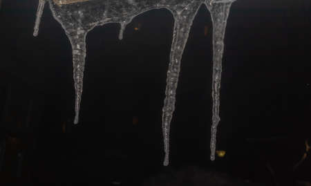 Lots of long icicles on a black background close-upの写真素材