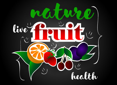 Vector frame background card with fresh fruits, organic vegan food. Health nutrition.のイラスト素材