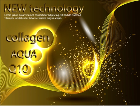 Coenzyme Q10. Supreme collagen oil drop essence with DNA helix. Premium shining serum droplet. Vector illustration.のイラスト素材