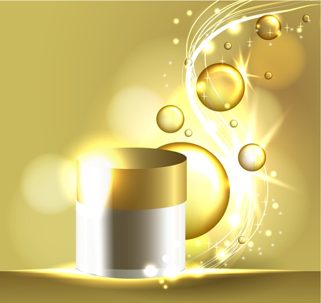 Gold face mask solution. oil bubbles on precious background. Beauty magazine compozition. Cosmetic concept design.のイラスト素材