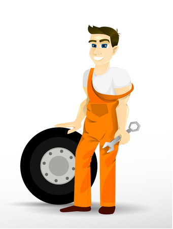 Auto Mechanic. Happy man holding a wrench and leaning on a wheel. Workers, cartoon characters for your ad.のイラスト素材