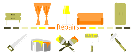 Tools for repair, paint brush, paint cans, saw, hammer, roller, flat style, vector illustrationのイラスト素材