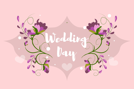 Save the date illustration, wedding day. Flat, doodle, flower arrangement of stylized flowers. Purple flowers on a gentle lilac background. Vector illustrationのイラスト素材