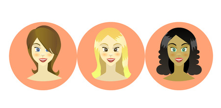 Seth girls of different nationalities, with different hairstyles. Cartoon characters, vector illustration, flat style.のイラスト素材