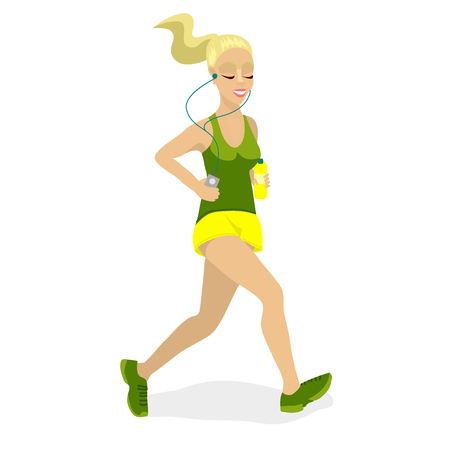 Girl running with closed eyes, enjoying jogging., Leading a healthy lifestyle. Cartoon characters vector illustration.のイラスト素材