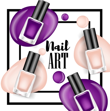 Beautiful colorful nail lacquer ads, glass bottle elements,vector realistic 3d illustrationのイラスト素材