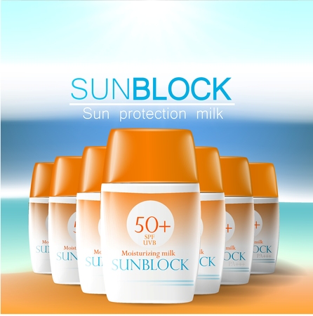 Sunblock ads template, sun protection cosmetic products. 3D illustration for magazine or ads.Bottle products design with moisturizer milk, cream or liquid.のイラスト素材