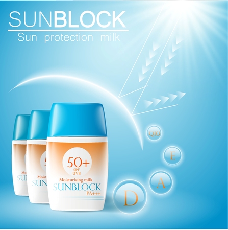 Sunblock ads template, sun protection cosmetic products. 3D illustration for magazine or ads.Bottle...