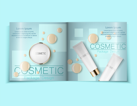 Light blue cosmetic brochure design can also be used on catalogs or magazines, 3d illustration. Foundation drops and concealer. Vector illustrationのイラスト素材