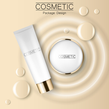 Concealer and compact foundation and a drop of the design template advertising cosmetics 3d. Top view realistic illustration of a packaging design cream.のイラスト素材