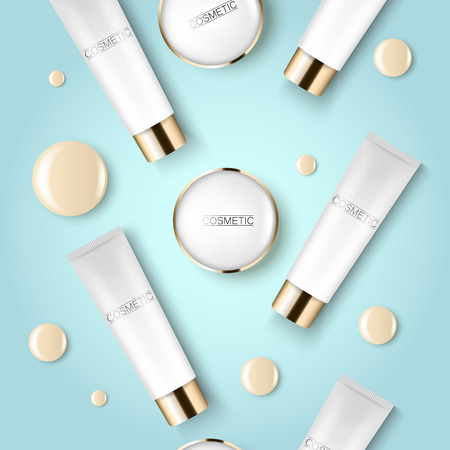 Concealer and compact foundation and a drop of the design template advertising cosmetics 3d. Top view on a blue background realistic illustration of a packaging design cream.のイラスト素材