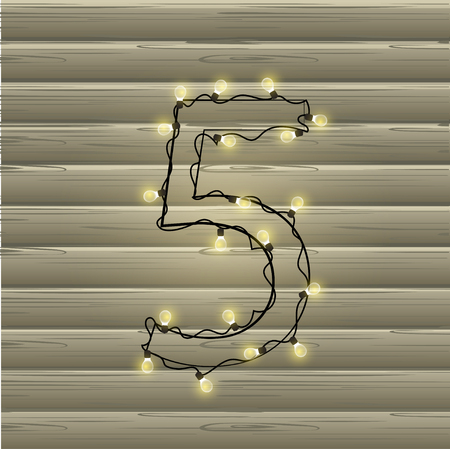 Number from the Christmas light garland on a beautiful wooden backgroundのイラスト素材