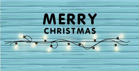 Realistic Christmas vector garland with light bulbs on a beautiful wooden background. Merry christmas creating card.のイラスト素材