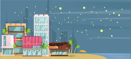 Big city ocean beach vector illustration, flat cartoon high city skyscraper buildings from sea view.のイラスト素材