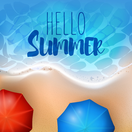 Beautiful beach and ocean shore, sea foam and beach umbrella. Hello Summer vector illustration.のイラスト素材