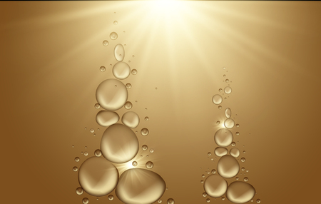 Beauty skin care design over golden backdrop. Vector illustration.Shining golden essence droplet.Bubbles oil Serum Skin Care Cosmetic.Collagen Sollution.のイラスト素材