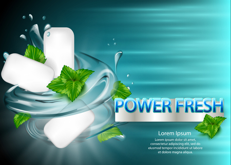 mint flavor gum ad with leaf and water splash element,on light blue background, 3d illustration vector illustrationのイラスト素材