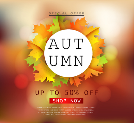 Autumn sale flyer template with lettering. Bright fall leaves. Poster, card, label, banner design.のイラスト素材