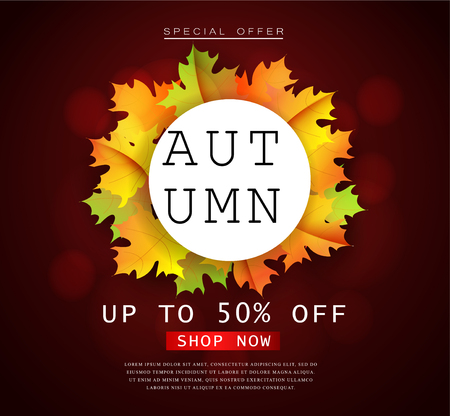 Autumn sale flyer template with lettering. Bright fall leaves. Poster, card, label, banner design.のイラスト素材