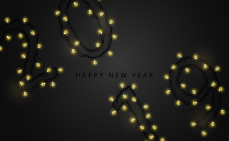 2019 inscription garland on a black background. New Year and Christmas stock vector illustration.のイラスト素材