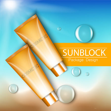 Sunblock ads template, sun protection cosmetic products. 3D vector illustration for magazine or ads.Bottle products design with moisturizer milk, cream or liquid.のイラスト素材