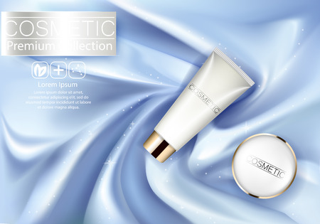 Cosmetic ads Design Template. Realistic tube cream on silk texture background. Beautiful Premium stock illustration. Package 3d design.のイラスト素材