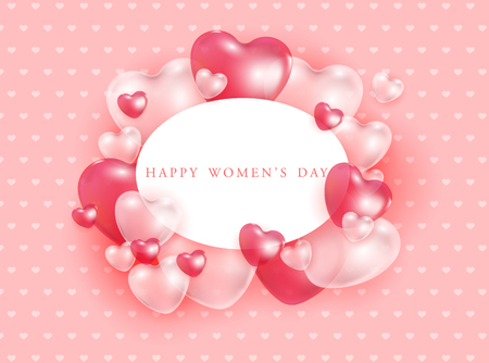 Happy Women's day gift card with red and pink 3d heart shapes transparent balloons - vector illustration of romantic. Beautiful love festive poster for 8 march.のイラスト素材