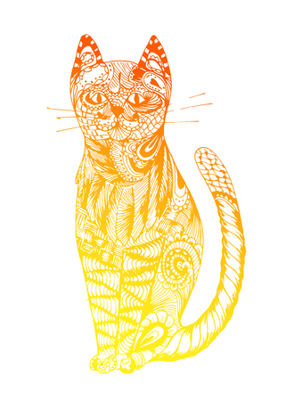 Cat sitting stylized, vector, illustration, pattern, freehand pencil, hand drawn. Zen art. Ornate. Lace.のイラスト素材
