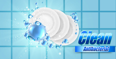 Realistic Dish on beautiful colored background and soap bubbles, dish wash vector illustration , template for design.のイラスト素材