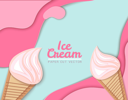 Ice cream cone, Background, 3D, Pastel. Abstract images of ice cream in paper cut style. Minimalistic summer food concept. Vector illustrationのイラスト素材
