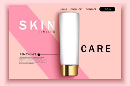 Vector 3d realistic cosmetic bottles on pink site template with typographic background. Mock-up for product package branding. web page designのイラスト素材