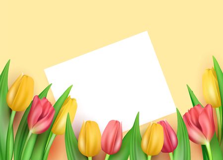 Template for congratulations on March 8 and International Womens Day, a lot of realistic multi-colored tulips with a card for signature. Vector stock illustration.のイラスト素材
