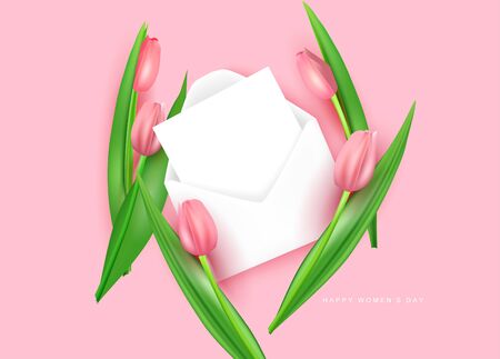 Template, Mockup. Top view on a pink background are 3d tender pink tulips, in an envelope a postcard for signature, realistic vector illustration. signature - happy womens day.のイラスト素材