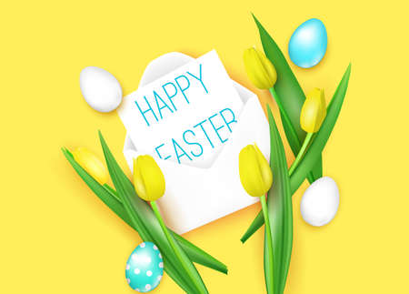 happy easter, realistic vector illustration with yellow tulips and bright decorated eggs.