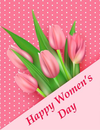 March 8 greeting card, , Happy Womens Day poster, realistic pink tulips. delicate pink postcard. vector illustrationのイラスト素材