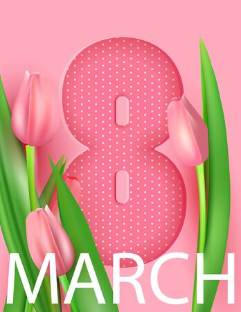 March 8 greeting card, cut out number 8, polka dot background, and realistic pink tulips. delicate pink postcard. vector illustrationのイラスト素材