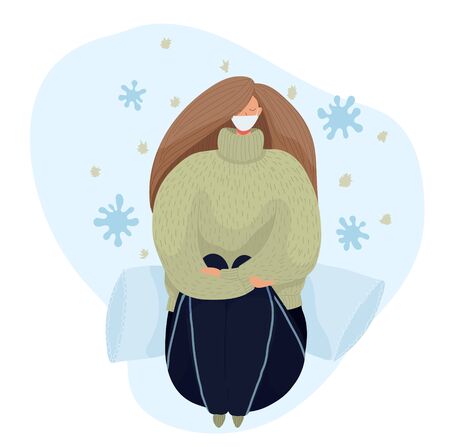 A girl in a white mask sits on pillows in a protective pose. Around microbes and viruses, coronavirus, covid-2019. vectorのイラスト素材