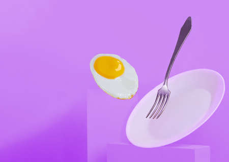 A fried egg, a fork and a plate are flying in the air. Piedistals are parallelepipeds in monochrome....