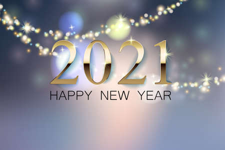 A beautiful New Year greeting banner with a blurred background, a golden inscription 2021 of the...