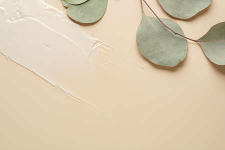 Natural organic SPA texture of cream on beige background. Flat lay, top view. Body and skin care concept. stock photographyの写真素材