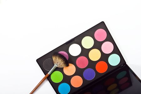 Make-up palette with brushes on white background. top viewの写真素材
