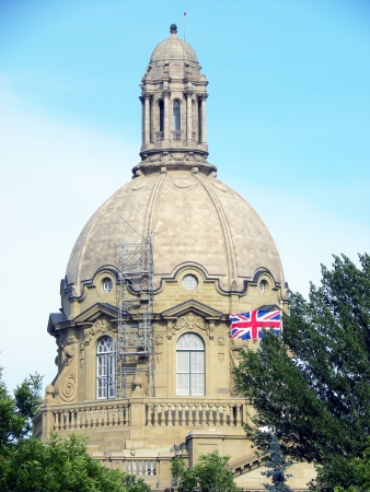 Alberta Legislature building dome with british flagの写真素材