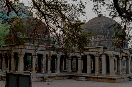 A tree branches create some dramatic view of monument at hauz khas memorial from the side of the lawn at winter foggy morning.の写真素材