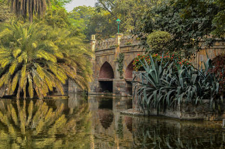 A reflection and mesmerizing view from the side of the pond,lake of palm trees and bridge monument at lodi garden or lodhi gardens in a city park at winter foggy morning.の写真素材