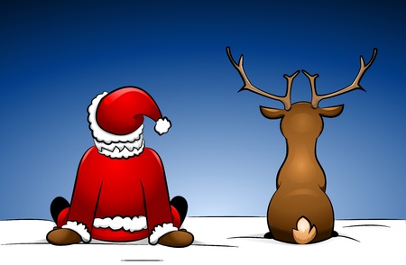 Santa Claus an Rudolph sitting in the snowの写真素材