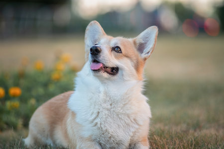 Portrait of a beautiful thoroughbred corgi in the summer city.の写真素材