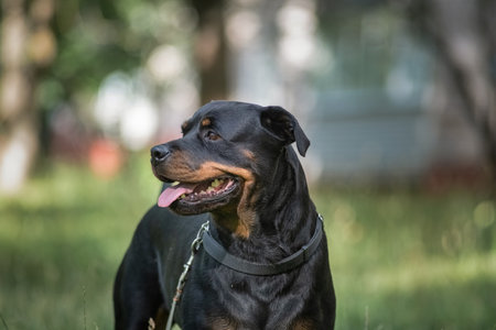 Portrait of a beautiful thoroughbred rottweiler in a summer park in the grass close-up.の写真素材