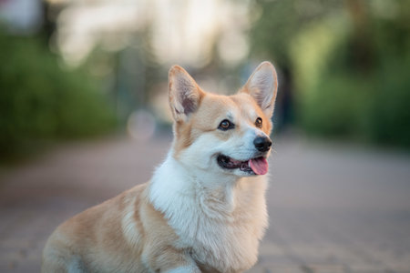 Portrait of a beautiful thoroughbred corgi in the summer city.の写真素材