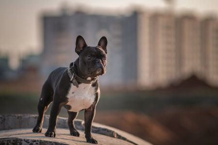 Portrait of a beautiful thoroughbred French bulldog on a walk.の写真素材